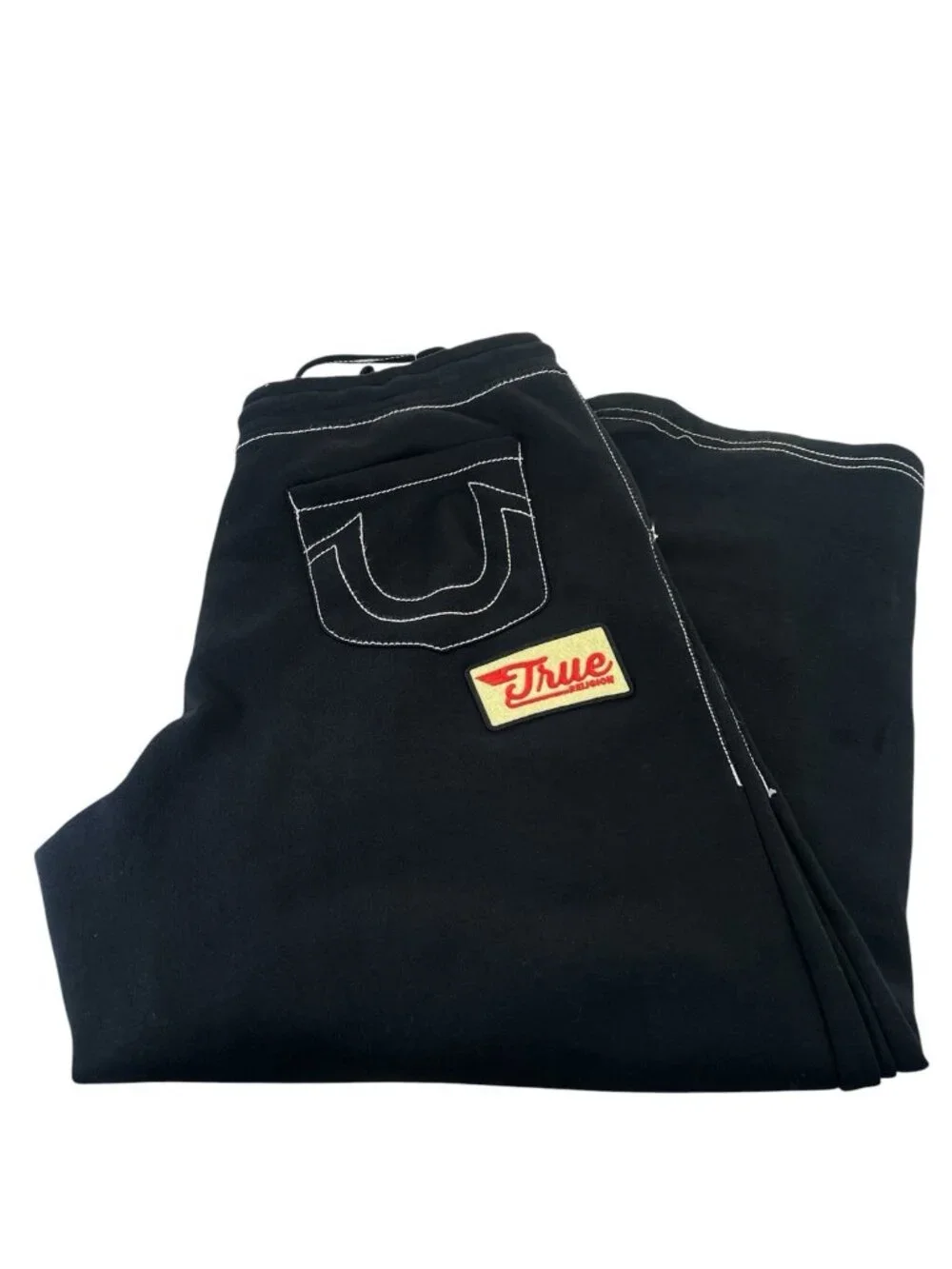 True Religion Men’s Big Patch Baggy Sweatpants Black Relaxed Streetwear sz XL/TG